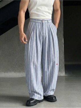 Wide Leg Striped Linen Pants in Light Blue and White